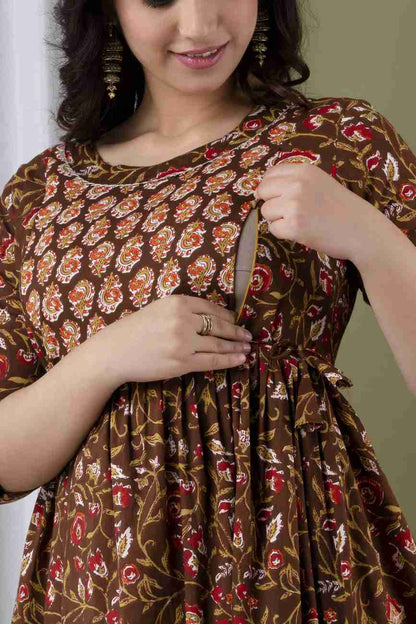 Comfortable Nursing: Ashvy Women's Maternity Breastfeeding Kurti (Brown)(LUX001)