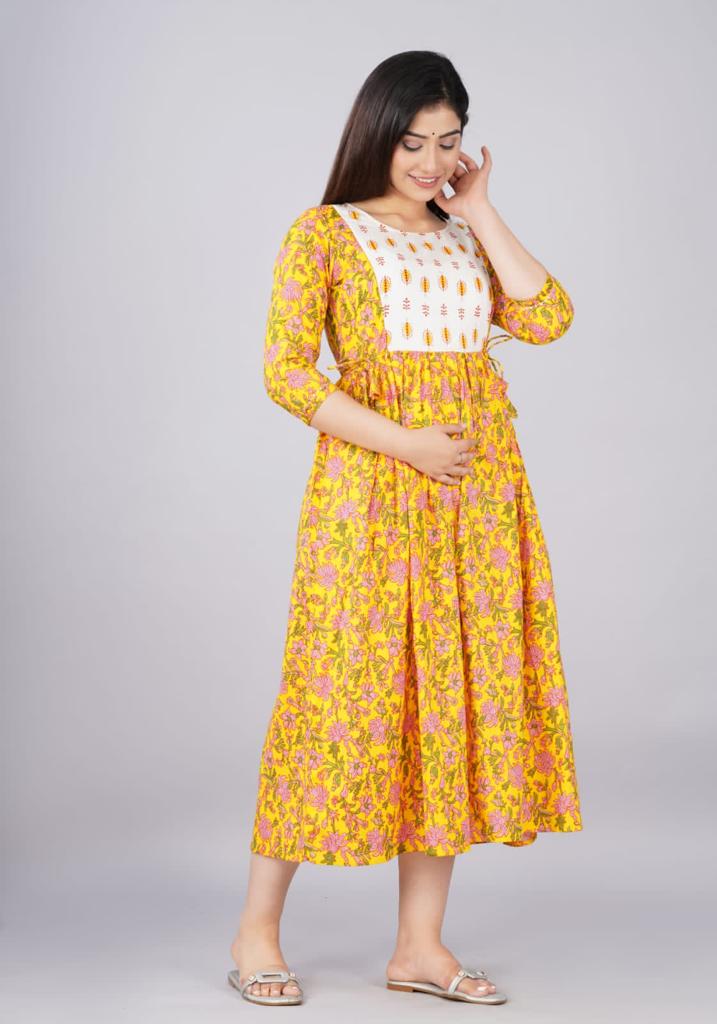 Ashvy Yellow-White Cotton Flower Print Maternity Dress(TUL001)