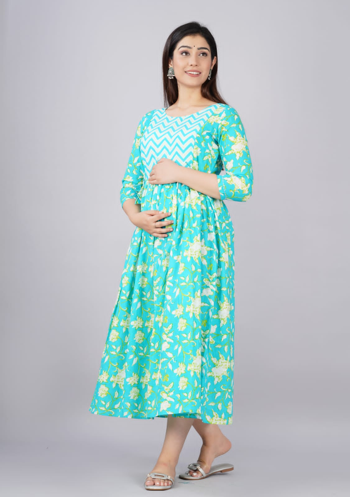 Sunny Sky Blossoms: Ashvy Sky Blue Yellow Floral Print Cotton Maternity Feeding Kurti (Sky)