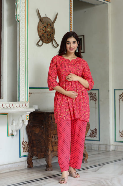 Ashvy Rayon Maternity And Nursing Co-Ord Set (Red Flower)(LUX0021)