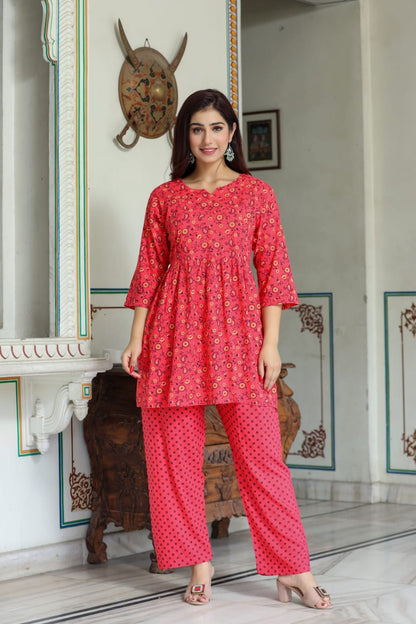 Ashvy Rayon Maternity And Nursing Co-Ord Set (Red Flower)(LUX0021)