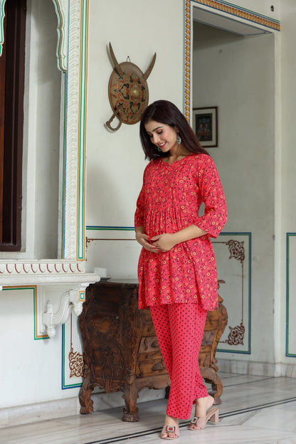 Ashvy Rayon Maternity And Nursing Co-Ord Set (Red Flower)(LUX0021)