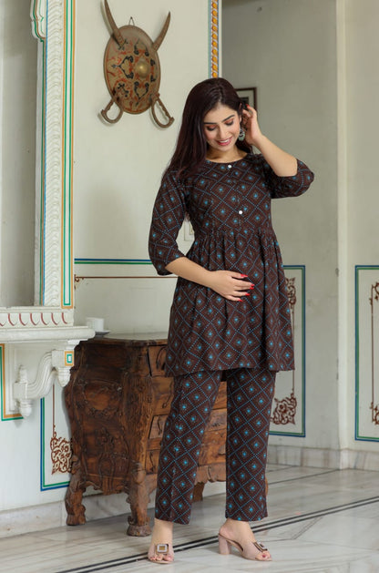 Ashvy Rayon Maternity And Nursing Co-Ord Set (Dark Brown) (LUX0019)