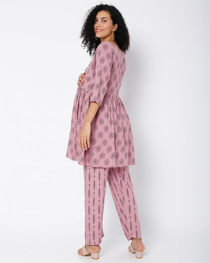 Ashvy Rayon Maternity And Nursing Co-Ord Set (Pink)(LUX0021)