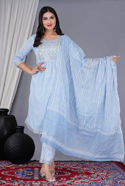 🌸 NEW LAUNCH BEAUTIFUL EMBROIDERI STYLISH KURTA PANT WITH DUPTTA 3PES SET 💐(Sky Blue)