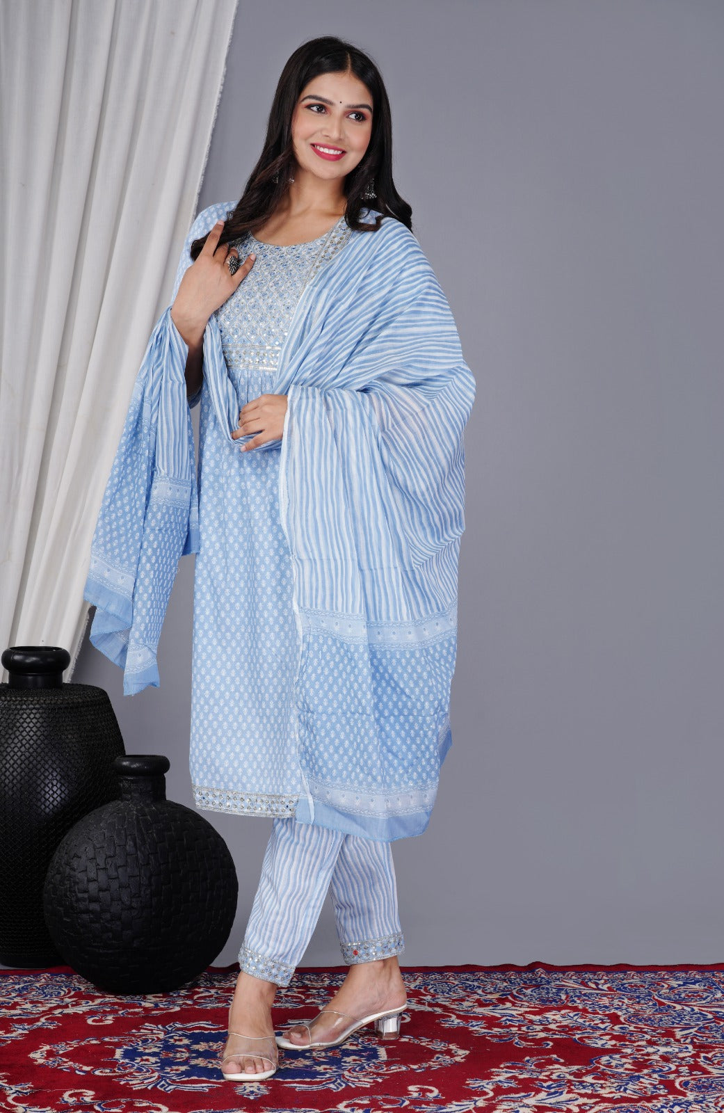 🌸 NEW LAUNCH BEAUTIFUL EMBROIDERI STYLISH KURTA PANT WITH DUPTTA 3PES SET 💐(Sky Blue)