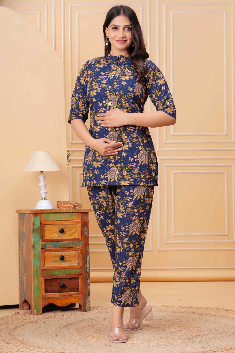 Ashvy Premium Cotton Material Maternity And Nursing Co-Ord Set (Blue)