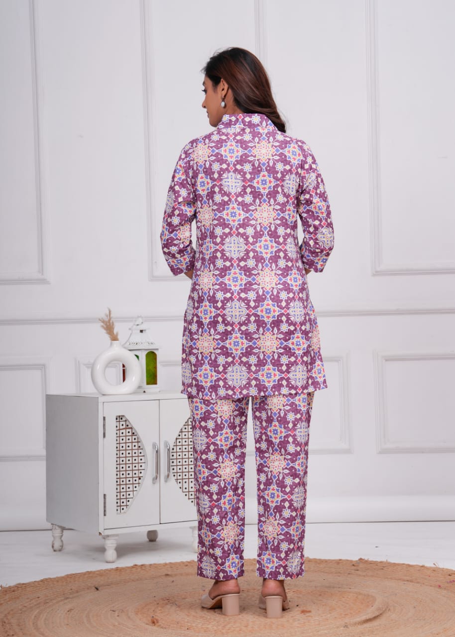 Ashvy Cotton 60-60 Long Top with Bottom Co-Ord Set – Stylish Purple Ensemble