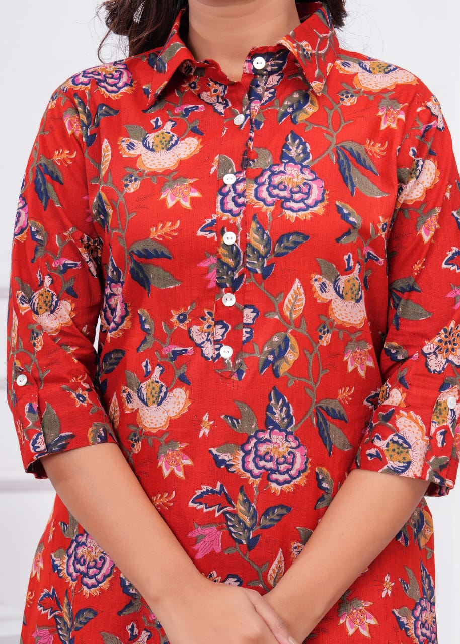 Ashvy Slumber in Style: Pure Cotton Printed Red Floral Coord Set Cum Night Dress