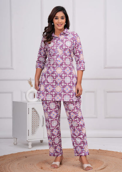 Ashvy Cotton 60-60 Long Top with Bottom Co-Ord Set – Stylish Purple Ensemble