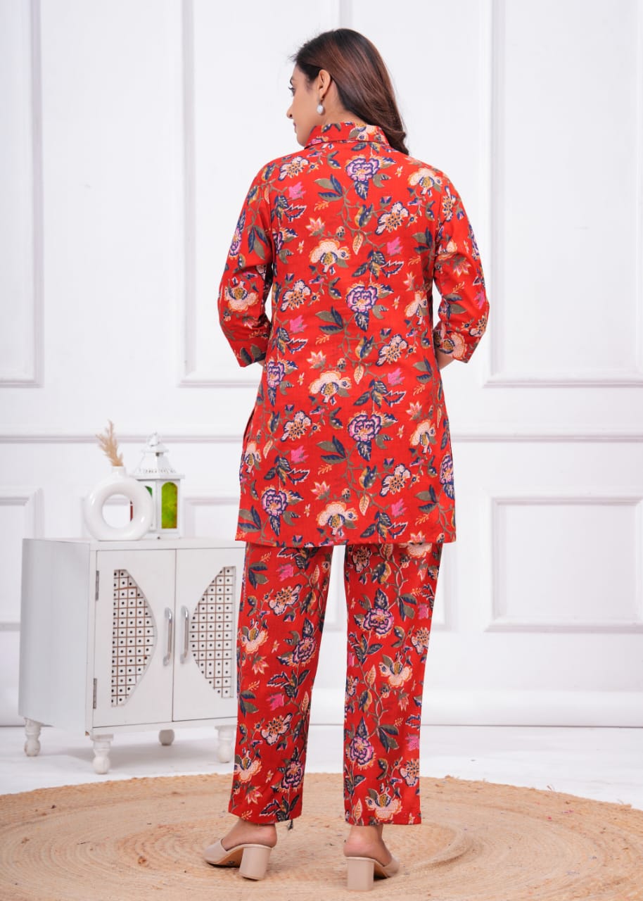 Ashvy Slumber in Style: Pure Cotton Printed Red Floral Coord Set Cum Night Dress
