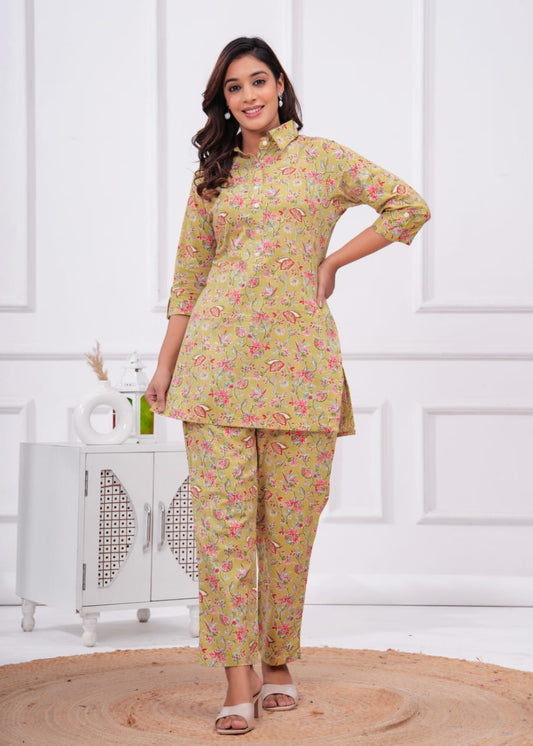 Ashvy Cotton 60-60 Long Top with Bottom Co-Ord Set – Light Green
