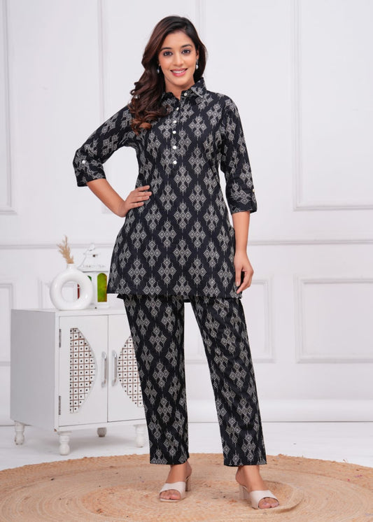 Ashvy Cotton 60-60 Long Top with Bottom Co-Ord Set – Elegant Black Chic