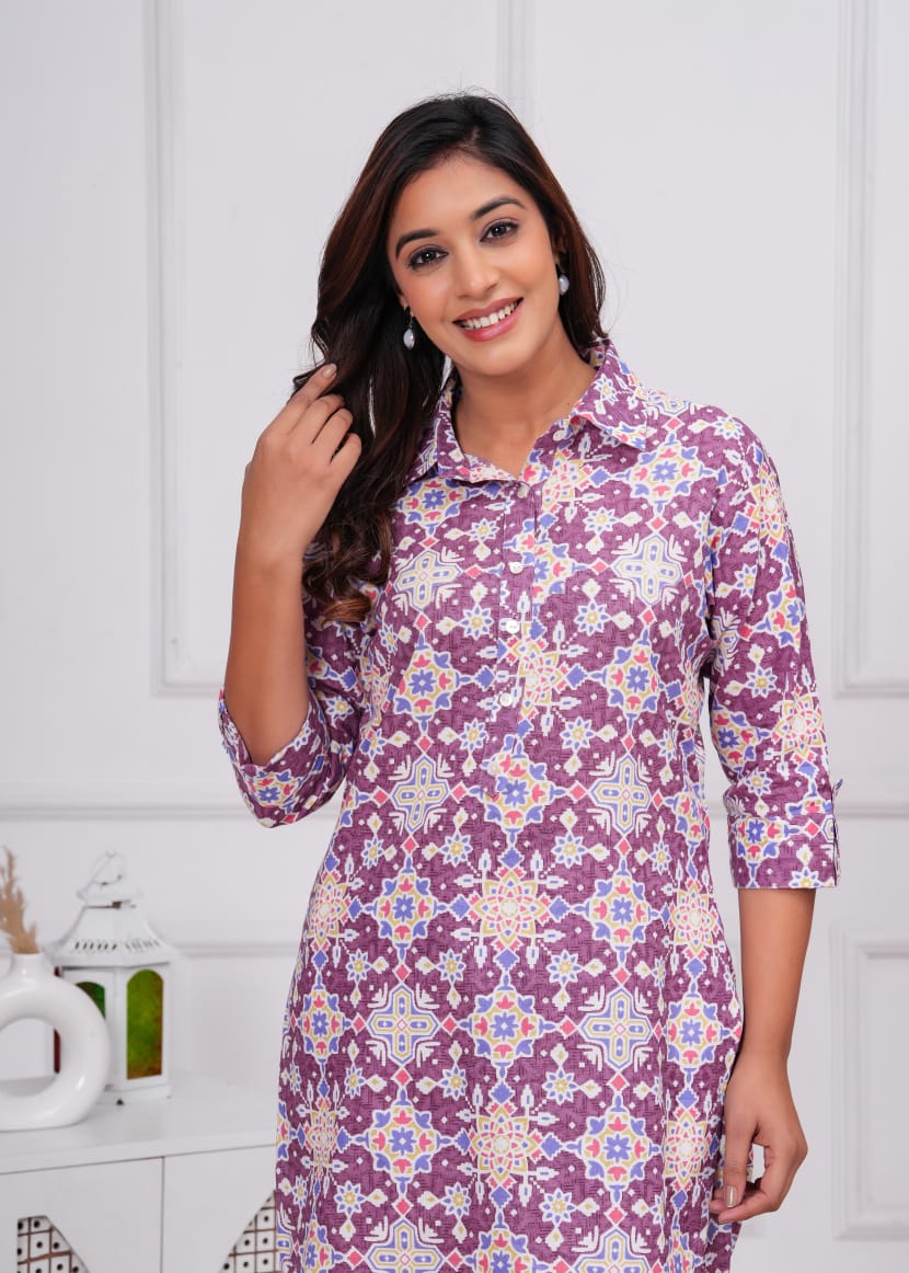 Ashvy Cotton 60-60 Long Top with Bottom Co-Ord Set – Stylish Purple Ensemble