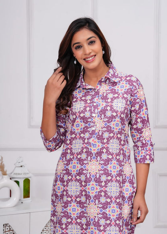 Ashvy Cotton 60-60 Long Top with Bottom Co-Ord Set – Stylish Purple Ensemble