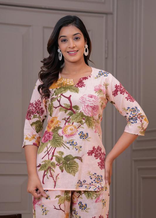 Ashvy Cotton Top witth Plazo – Elegant Floral Peach
