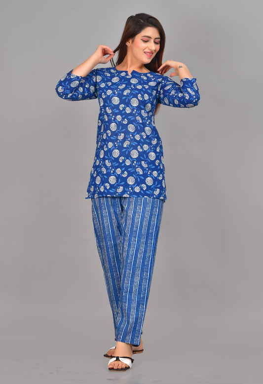 Ashvy Cotton Night Suit Set of Kurta & Pajama (Blue)