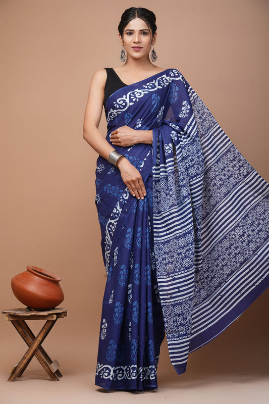 Ashvy India Bagru Block Print Very Soft Cotton mulmul Sarees (Blue)