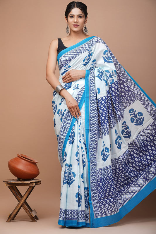 Ashvy India Bagru Block Print Very Soft Cotton mulmul Sarees (Blue)