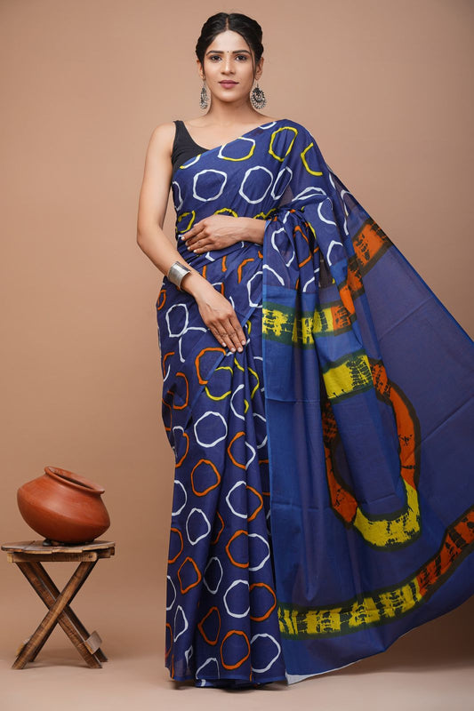 Ashvy India Bagru Block Print Very Soft Cotton mulmul Sarees (Blue)