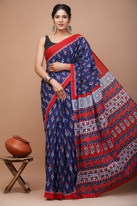 Ashvy India Bagru Block Print Very Soft Cotton Mulmul Sarees (Blue)