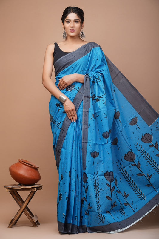 Ashvy India Bagru Block Print Very Soft Cotton Mulmul Sarees (Blue)