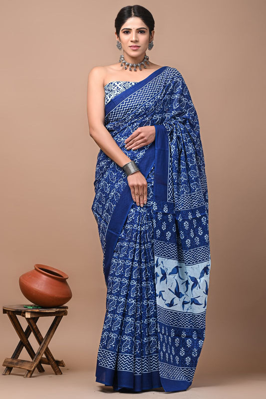 Ashvy India Bagru Block Print Very Soft Cotton Mulmul Sarees (Blue)