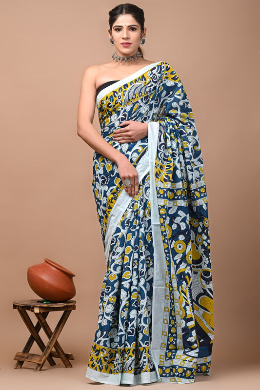 Ashvy India Bagru Block Print Very Soft Cotton Mulmul Sarees (Blue)