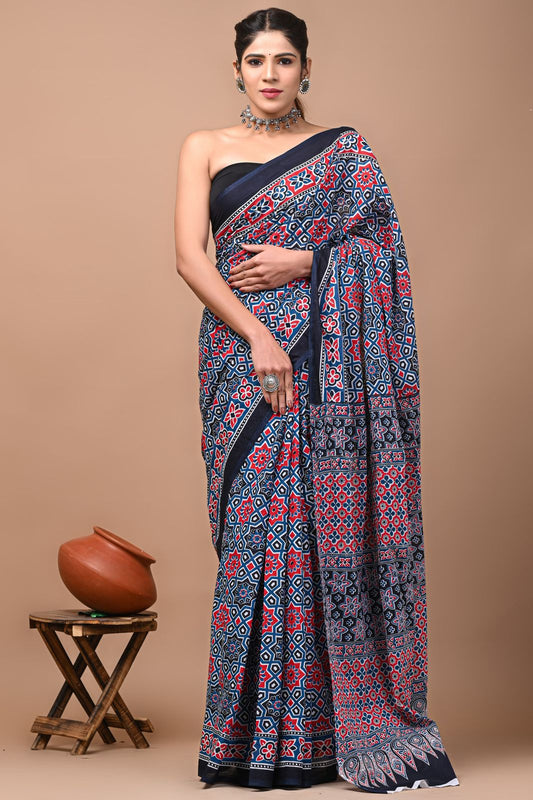 Ashvy India Bagru Block Print Very Soft Cotton Mulmul Sarees (Blue)