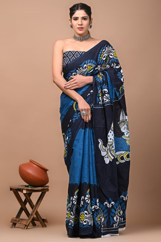 Ashvy India Bagru Block Print Very Soft Cotton Mulmul Sarees (Blue)