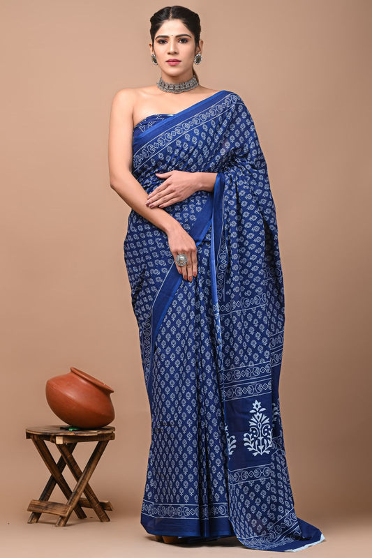 Ashvy India Bagru Block Print Very Soft Cotton Mulmul Sarees (Blue)