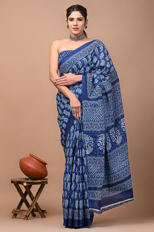 Ashvy India Bagru Block Print Very Soft Cotton Mulmul Sarees (Blue)