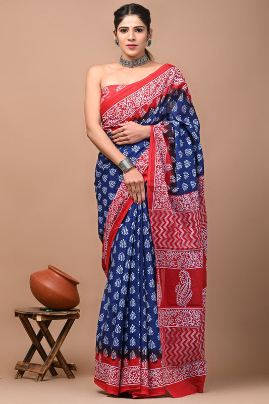 Ashvy India Bagru Block Print Very Soft Cotton Mulmul Sarees (Blue)