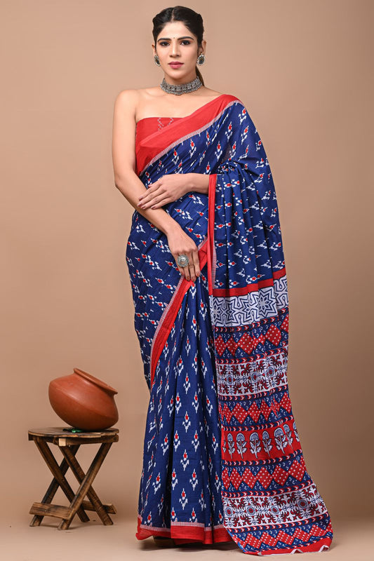 Ashvy India Bagru Block Print Very Soft Cotton Mulmul Sarees (Blue)