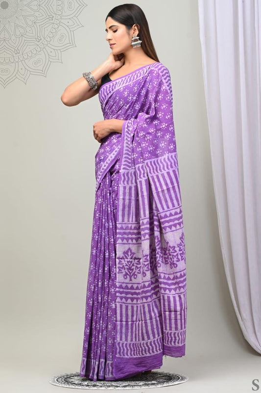 Ashvy India Bagru Block Print Very Soft Cotton Hand Block Printed Mulmul Saree with Blous (Purple)