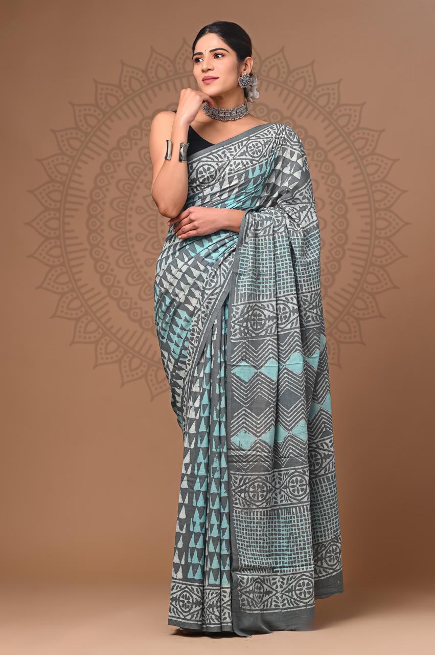 Ashvy India Bagru Block Print Very Soft Cotton Hand Block Printed Mulmul Saree with Blous (Grey)