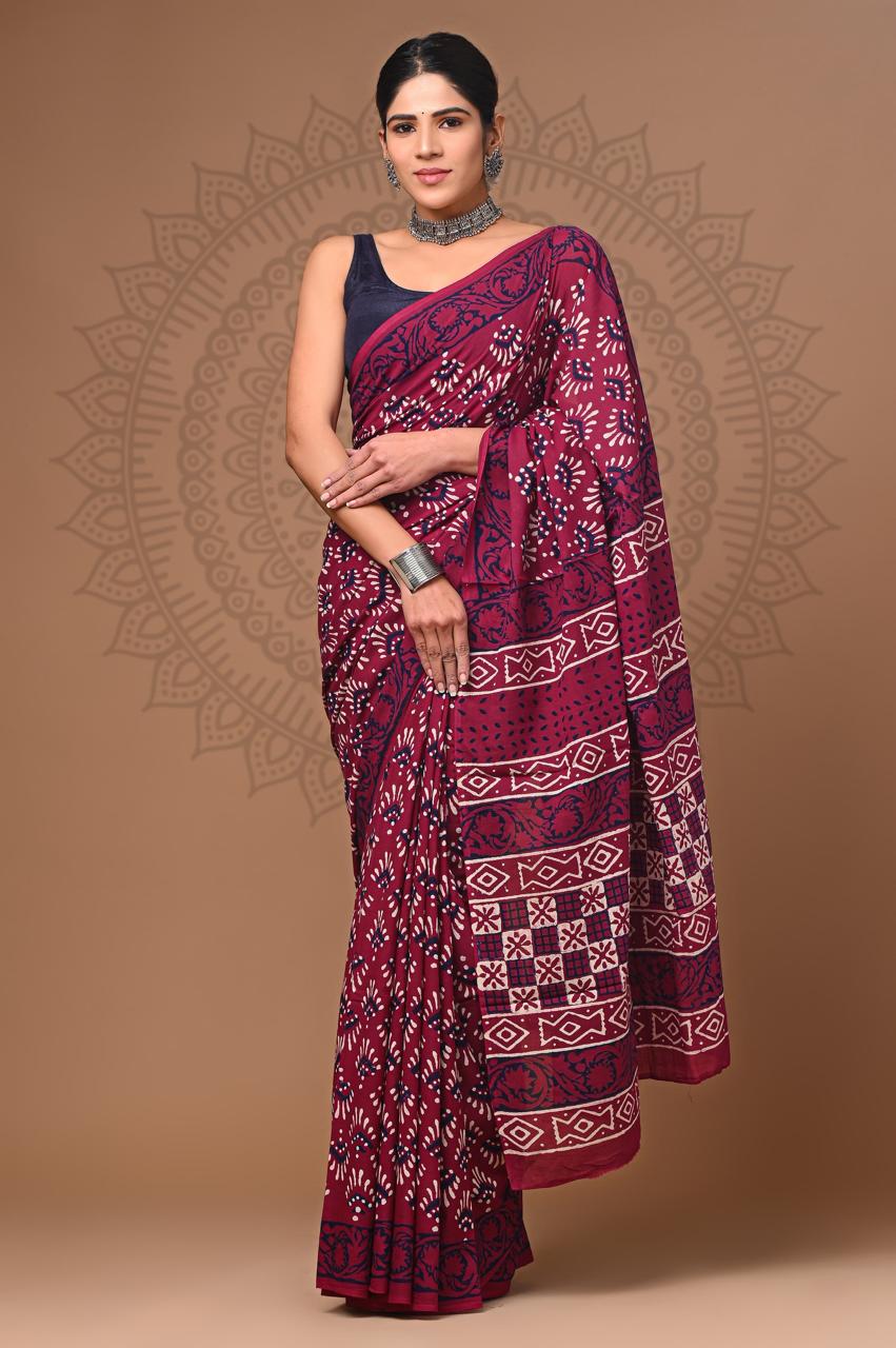 Ashvy India Bagru Block Print Very Soft Cotton Hand Block Printed Mulmul Saree with Blous (Pink)