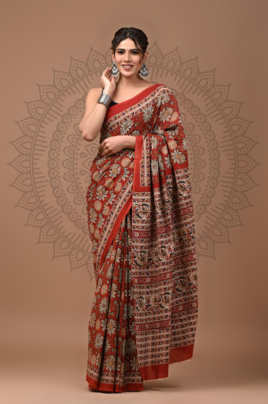 Ashvy India Bagru Block Print Very Soft Cotton Hand Block Printed Mulmul Saree with Blous (Red)