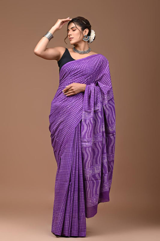 Ashvy India Bagru Block Print Very Soft Cotton Hand Block Printed Mulmul Saree with Blous (Purple)