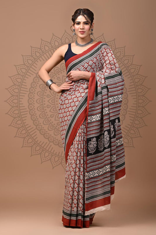 Ashvy India Bagru Block Print Very Soft Cotton Hand Block Printed Mulmul Saree with Blous (Red)