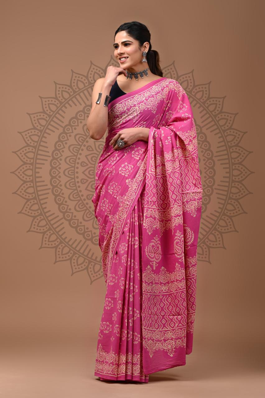 Ashvy India Bagru Block Print Very Soft Cotton Hand Block Printed Mulmul Saree with Blous (Pink)