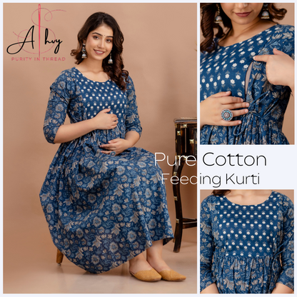 Stylish Simplicity: Ashvy Leaf Print Cotton Maternity Feeding Kurti(Blue)(TUL01)