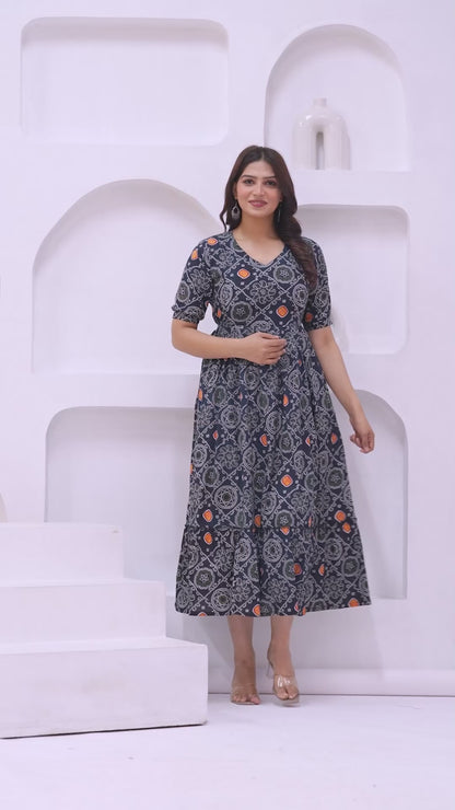 Ashvy Premium Cotton Anarkali Feeding & Maternity Kurti – 48 Inch Length, 2 Side Zips All-Day Comfort for Moms (Black)