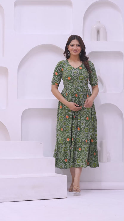 Ashvy Premium Cotton Anarkali Feeding & Maternity Kurti – 48 Inch Length, 2 Side Zips All-Day Comfort for Moms (Green)