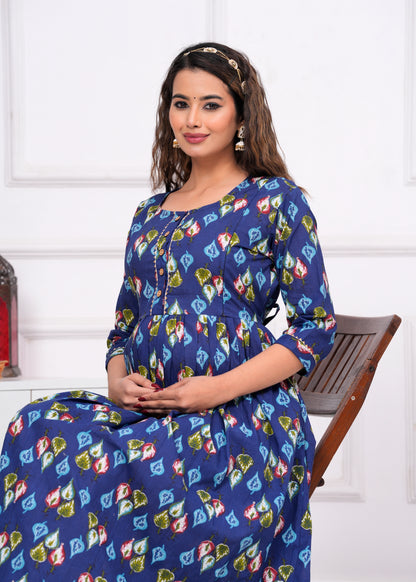 Versatile Comfort: Ashvy Cambric Pure Cotton Maternity Cum Feeding Kurti (Blue)(LUX001)