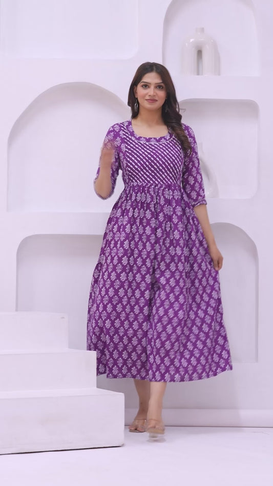Ashvy Premium Cotton Anarkali Feeding & Maternity Kurti – 48 Inch Length, 2 Side Zips All-Day Comfort for Moms (Purple)