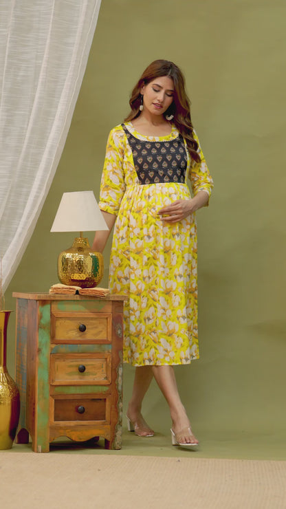 Sunny Blooms: Ashvy Sky Blue Yellow Cotton Flower Print Maternity Dress (Yellow)(LUX001)