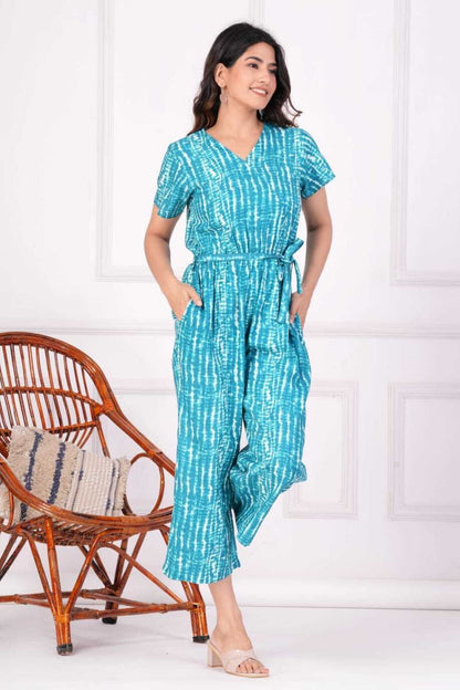 Rayon Printed Jumpsuits for Women (Blue)