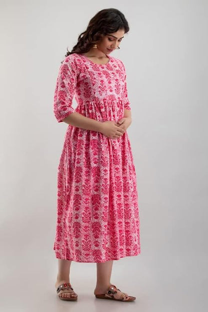 Ashvy Premium Cotton Anarkali Feeding & Maternity Kurti – 48 Inch Length, 2 Side Zips All-Day Comfort for Moms (Pink)