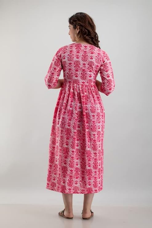 Ashvy Premium Cotton Anarkali Feeding & Maternity Kurti – 48 Inch Length, 2 Side Zips All-Day Comfort for Moms (Pink)